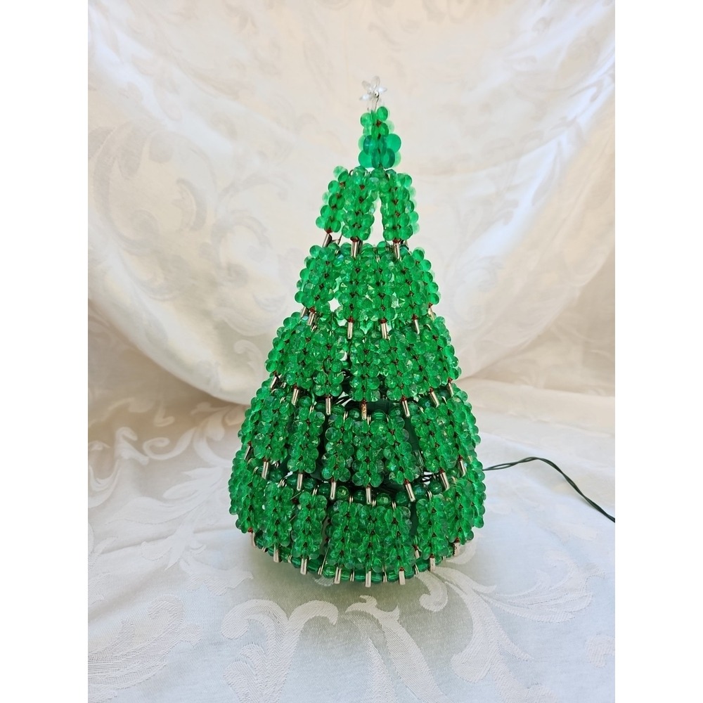 Vintage Beaded Safety Pin Christmas Tree‎ LIGHTED 12" MCM Bead Kitsch Handmade
